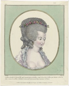 Frisyrer, sittpuffar, hattar och huvar: Elva frisyrer och huvudbonader Gallery of French Fashions and Costumes, 1781, oo 218: New Coëffure fronten (...)