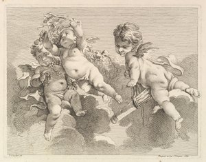 Tre kärlekar, den ena håller en koger, den andra, vindruvor, 1727-60. av Pierre Alexandre Aveline