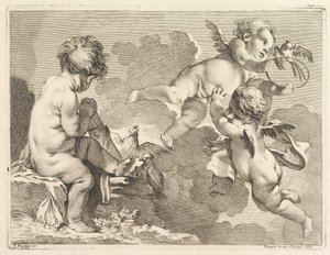 Tre kärlekar, varav den ena sitter, håller en koger, 1727-60. av Pierre Alexandre Aveline