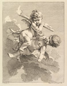 Två amoriner, en bär en fackla, en annan en pilbåge, 1727-60.
