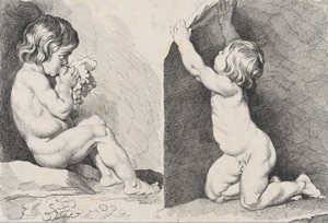 Två nakna barn som äter vindruvor, från New Book of Children, 1720-60.