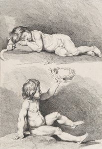 Två nakna barn, det ena sover och det andra håller i en krans, från New Book of Childr..., 1720-60.