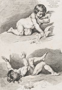 Två nakna barn som leker med ett löv, från New Book of Children, 1720-60.