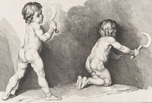 Två nakna barn stående, från New Book of Children, 1720-60.