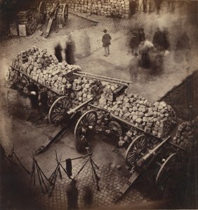Kommunens barrikader, 71 april. Hörn av Place Hotel de Ville & Rue de Rivoli, 1871.