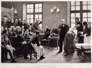 En klinisk föreläsning av Dr Charcot vid Salpetriere 1887. Studenter från avdelningen för professor Jean Martin Charcot som förklarar fallet med Blanche Wittman, hans patient och marsvin föredrar hennes forskning om hysteri. Han var assistent till Jo av Pierre Andre (after) Brouillet