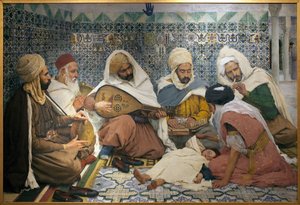 Exorcism: Arabiska musiker som jagar jinn från kroppen på ett barn. Målning av Andre Brouillet (1857-1914), Olja på duk