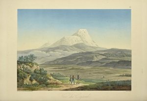 Vy över Cajambe, graverad av Bouquet, illustration från "Views of the Cordilleras and Monuments of the Native Peoples of America" ​​av Alexander von Humboldt och Aime Bonpland av Pierre Antoine (after) Marchais