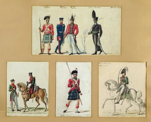 Uniformerna för skotska soldater och preussiska, engelska, hannoveranska och ryska officerare 1814