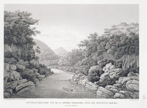 New Holland: Vy över Waragamba-floden i Blue Mountains, från "Voyage Autour du Monde (1817-20)", av Louis Claude Desaulses de Freycinet (1779-1842), graverad av Schroeder, publicerad 1822-24 (li