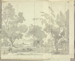 Fantasilandskap med ruiner och figurer av Pierre Antoine Mongin