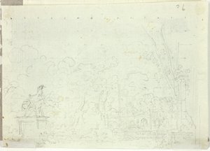 Vy över parken vid Versailles: Ryttarstaty bland träd av Pierre Antoine Mongin