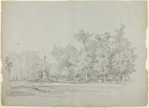 Vy över parken vid Versailles: Landskap med minnespelare och träddunge av Pierre Antoine Mongin