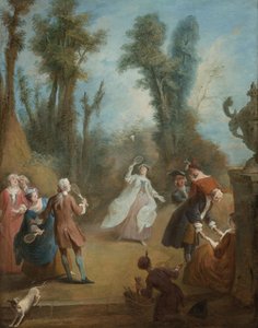 Eleganta figurer som spelar fjäderboll i en park, ca 1730