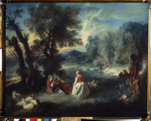 ""Pastoral Scene"" Scen av förförelse mellan herdar. Målning av Pierre Antoine Quillard (1701-1733) circa 1730 Pushkin Museum, Moskva