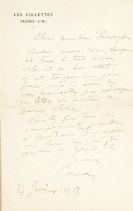 Autografbrev undertecknat till Dr. Fritz Thurneyssen, Paris och Les Collettes, 24 juni 1908 av Pierre Auguste Renoir