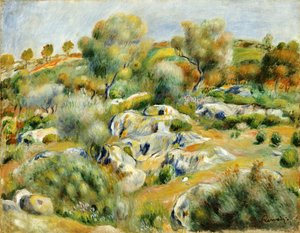 Bretagne landskap med träd och stenar av Pierre Auguste Renoir