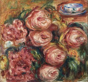 Komposition med rosor och en kopp te av Pierre Auguste Renoir