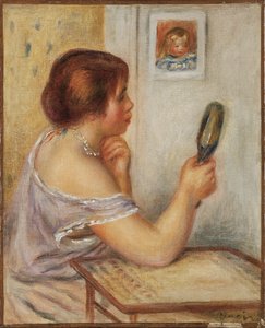 Gabrielle håller en spegel eller Marie Dupuis håller en spegel med ett porträtt av Coco, tidigt 1900-tal av Pierre-Auguste Renoir