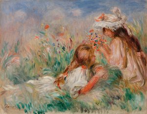 Flickor i gräset som ordnar en bukett av Pierre Auguste Renoir