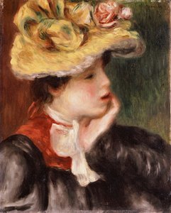 Huvud av en flicka med en gul hatt av Pierre Auguste Renoir