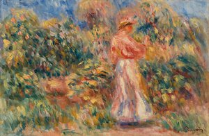 Landskap med kvinna i rosa och vitt av Pierre-Auguste Renoir