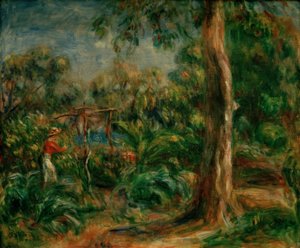 Det stora trädet. Kvinna med rött livstycke i trädgården i Ca av Pierre Auguste Renoir