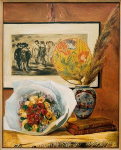 Stilleben med bukett och fläkt av Pierre Auguste Renoir