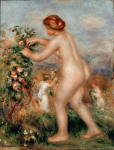 Ode till blommor. Naken kvinna ceuillating rosor har ett rosenträd. Målning av Pierre Auguste Renoir (Pierre-Auguste