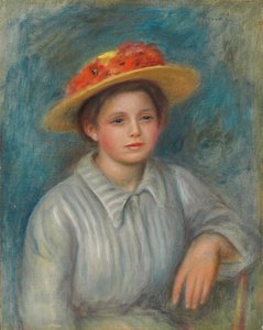 Porträtt av en kvinna med en hatt med blommor; Porträtt av en kvinna i en blommig hatt, c.1890 av Pierre Auguste Renoir