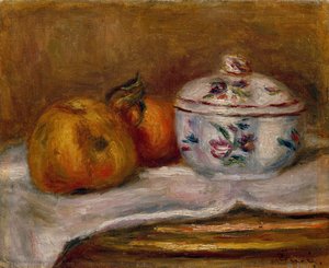 Sockerskål, äpple och apelsin (olja på duk) av Pierre-Auguste Renoir