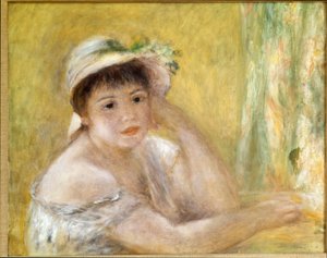 Kvinna med en stråhatt. Målning av Pierre Auguste Renoir (Pierre-Auguste av Pierre Auguste Renoir