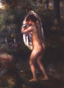 Ung flicka som klär av sig (olja på duk) av Pierre Auguste Renoir