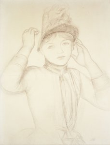 Ung kvinna som ordnar hennes hatt; Ung flicka som arrangerar sin hatt, c.1885 av Pierre Auguste Renoir