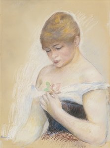 Ung Kvinna Som Håller En Blomma. Porträtt av skådespelerskan Jeanne Samary, ca. 1880 av Pierre Auguste Renoir