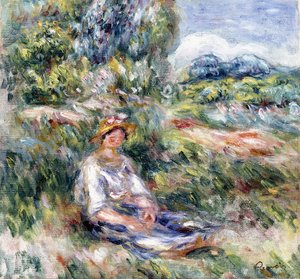 Ung kvinna sitter på en äng, av Pierre Auguste Renoir