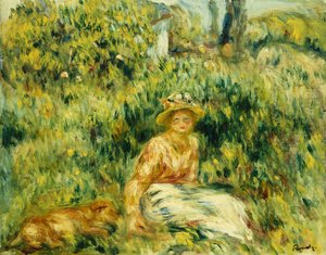 Ung kvinna i en trädgård; Ung kvinna i en trädgård, ca 1916 av Pierre Auguste Renoir
