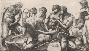 Åtta satyrer och satyrinnor som avslutar en måltid, 1607-61. av Pierre Biard