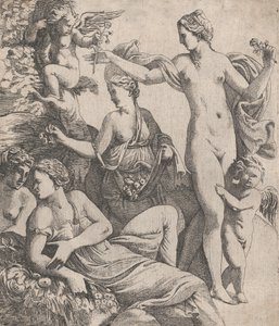 Venus, stående med de tre gracerna, erbjuds en blomma från en putto, 1607-61. av Pierre Biard