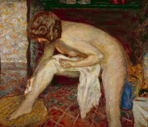 Naken har sin toalett framför brasan Målning av Pierre Bonnard (1867-1947) 1907 Privat samling