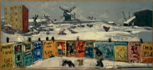 Palisad, affischer (Palisad täckt med affischer och de gamla Montmartre-kvarnarna under snön) av Pierre Bonnard