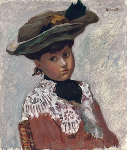 Porträtt av en ung kvinna eller hatten; Portrait of a Young Woman (The Hat), c.1905 (olja på duk nedlagd ombord) av Pierre Bonnard