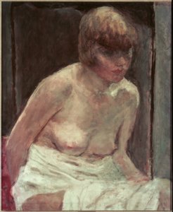 Ung kvinnas överkropp i vit badrock av Pierre Bonnard