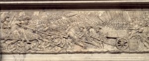 Slaget vid Marignan 1515. Hjärtgraven för kungen av Frankrike Francois I (1494-1547): Lågrelief av Pierre Bontemps (cirka 1507-1568)