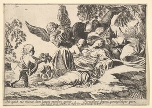 Änglar som ger frukt till den sovande heliga familjen, 1610-42. av Pierre Brebiette