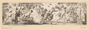 Satyr skjuter en pil mot en staty av Bacchus medan Merkurius tittar på av Pierre Brebiette
