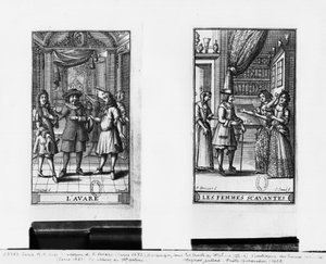 Moliere som Harpagon, frontispice till "The Miser", 1668, och frontispice till "Learned Ladies", 1672, av Moliere (1622-73) graverad av Jean Sauve (fl.1660-91) publicerad i Paris 1682 (b