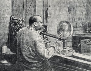 En medaljör som använder en sorts strömavtagarefräsmaskin Gravyr från "Excursion a travers les metiers" av Pierre Calmette Private Collection