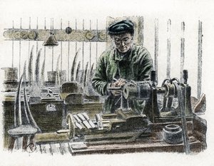En elfenbensarbetare som täljer elefantbetar på jobbet i sin verkstad och arbetar med elefantförsvar (Elfenbensarbetare som täljer elefantbetar) Gravyr från "" Excursion a travers les metiers" av Pierre Calmette Collection privee