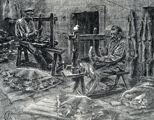 Hantverkare som köttar fårskinn Gravyr från "Excursion a travers les metiers" av Pierre Calmette Private Collection